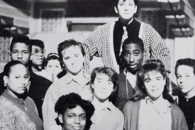 Black and White photo of Baltimore School for the Arts students featuring Tupac Shakur